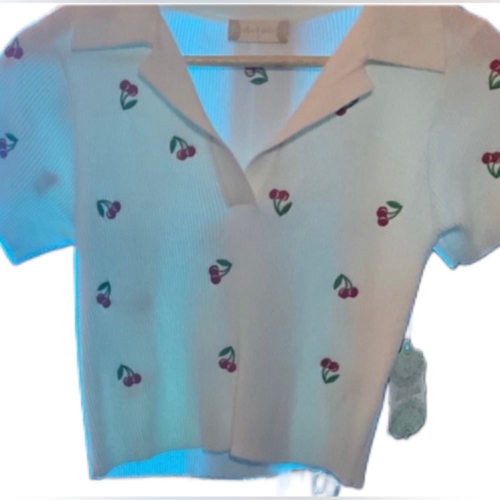 Altar’d State Women Multicolor Cherry Short Sleeve V Neck Crop Shirt